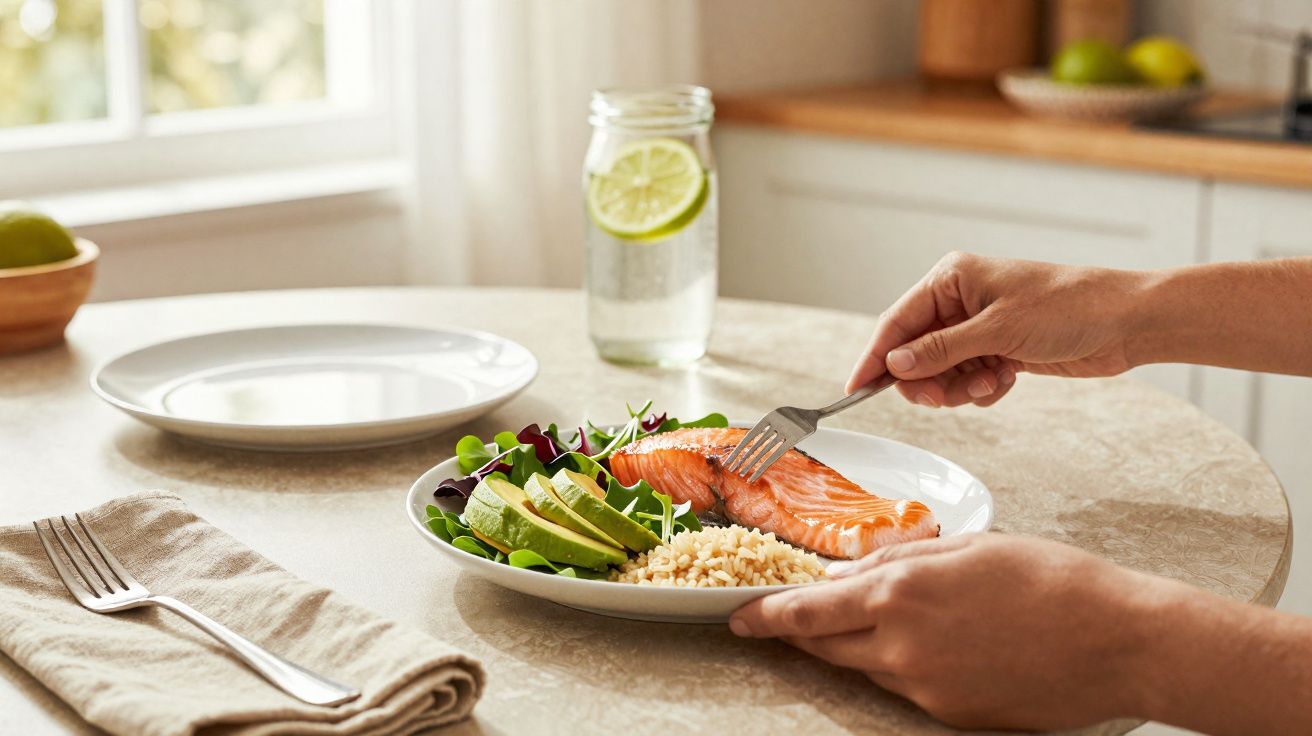 Pessoa a segurar prato com salmão, arroz, abacate e salada numa mesa de cozinha clara.