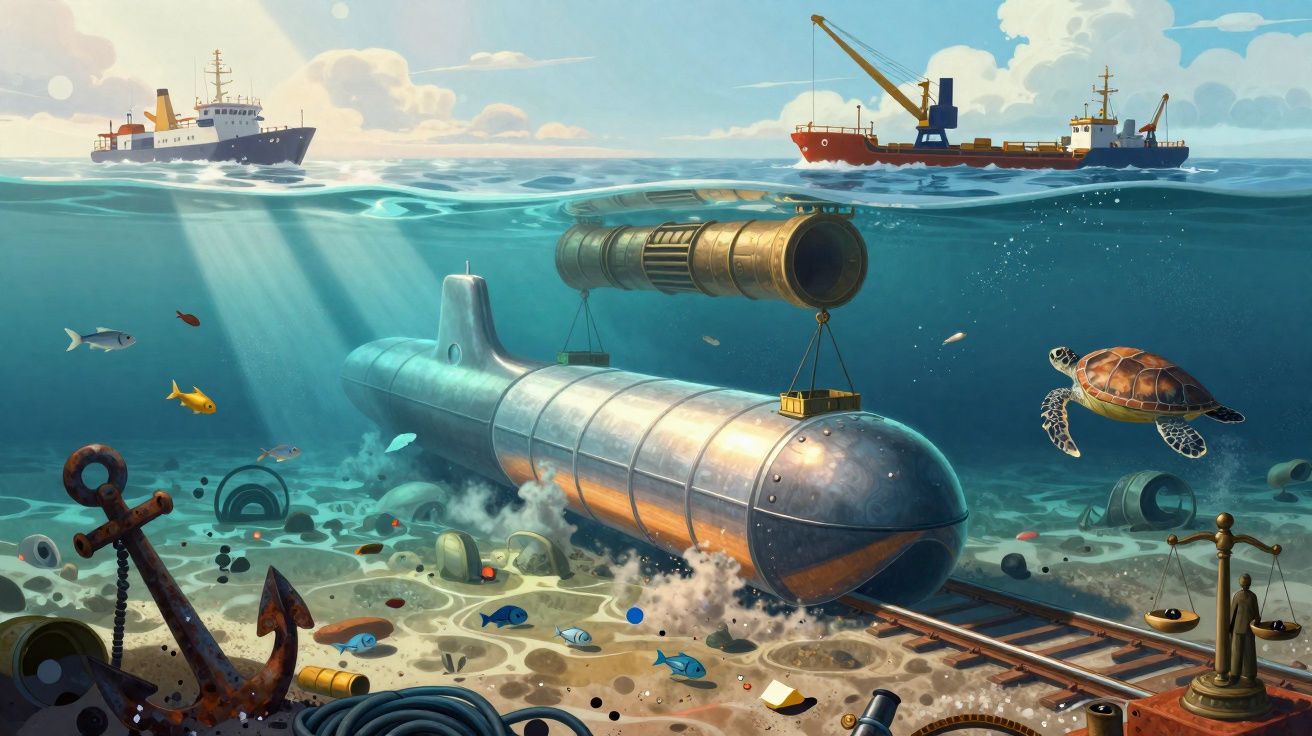 Submarino a ser transportado no fundo do mar com navios na superfície e fauna marinha ao redor.