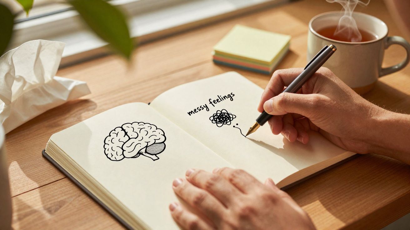 Pessoa a desenhar no caderno uma linha entre cérebro e sentimentos confusos, com chá fumegante e notas no fundo.