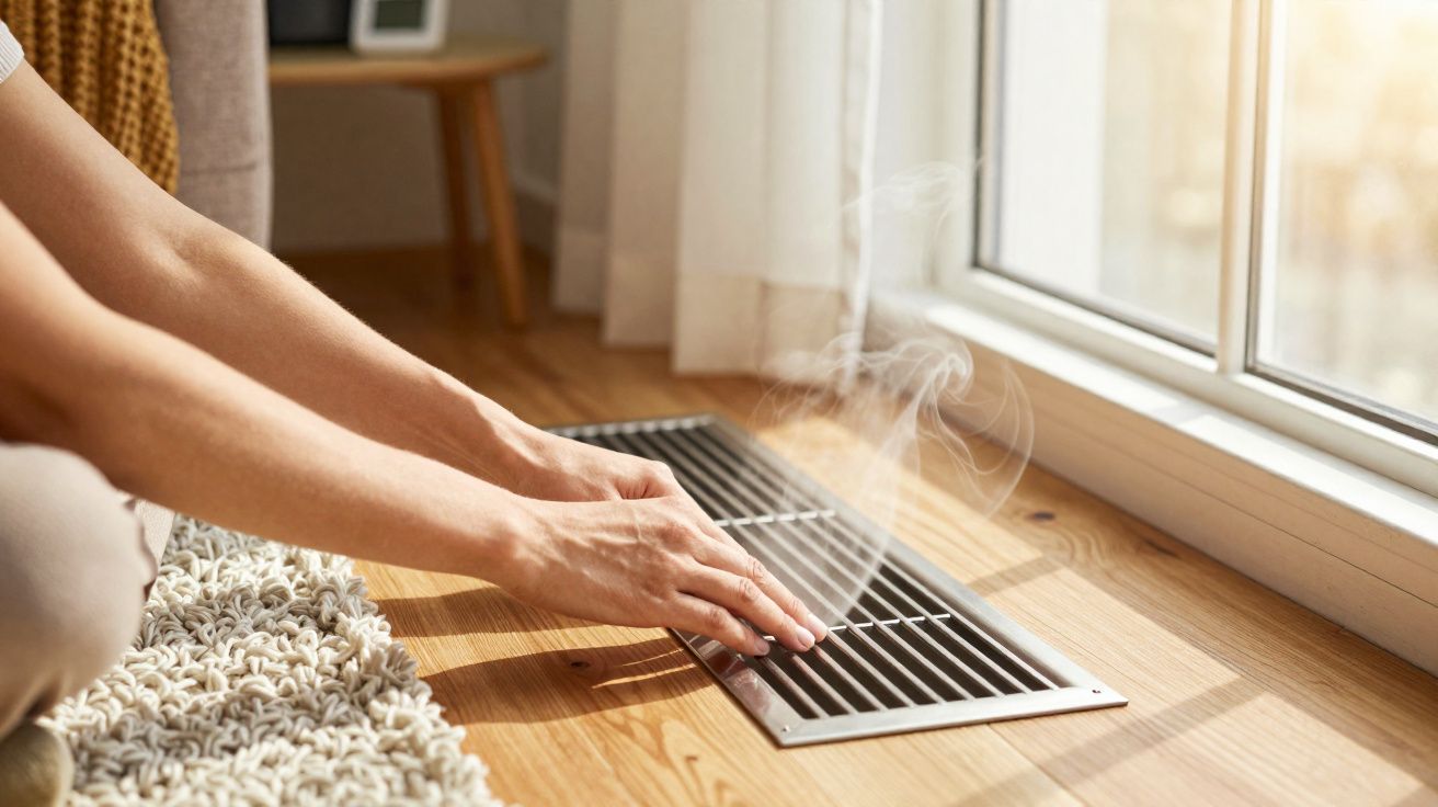 Mãos a aquecer junto a uma ventoinha de aquecimento no chão de madeira junto a uma janela.