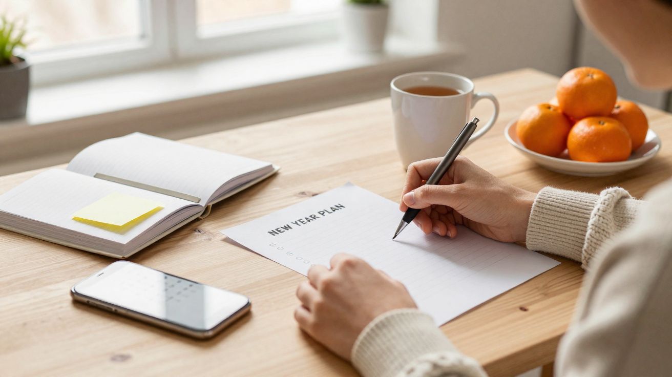 Pessoa a escrever planos para o ano novo numa folha, com telemóvel, caderno, chá e tangerinas à mesa.