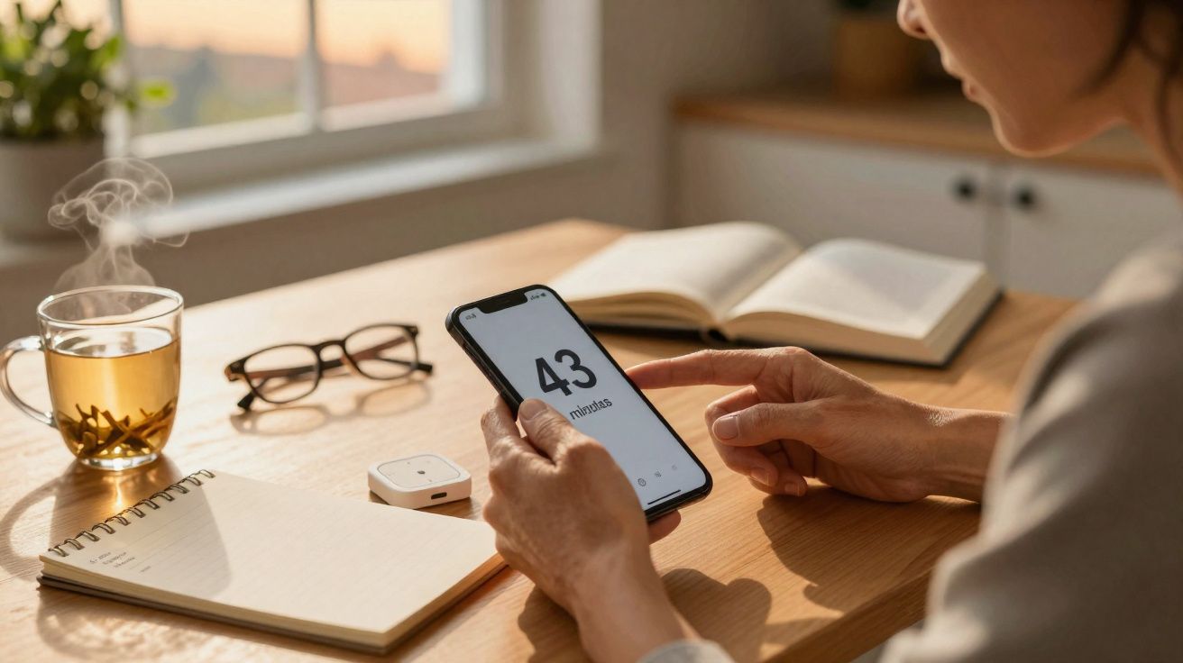 Pessoa vê temporizador a 43 minutos no telemóvel numa mesa com chá, óculos, caderno e livro aberto.