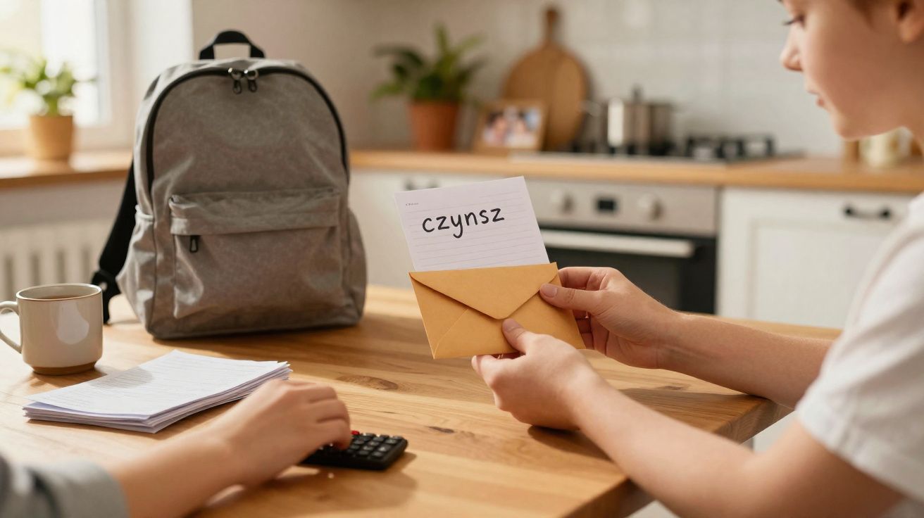 Duas pessoas numa cozinha, uma com envelope a revelar palavra "czynsz" e outra a usar calculadora.