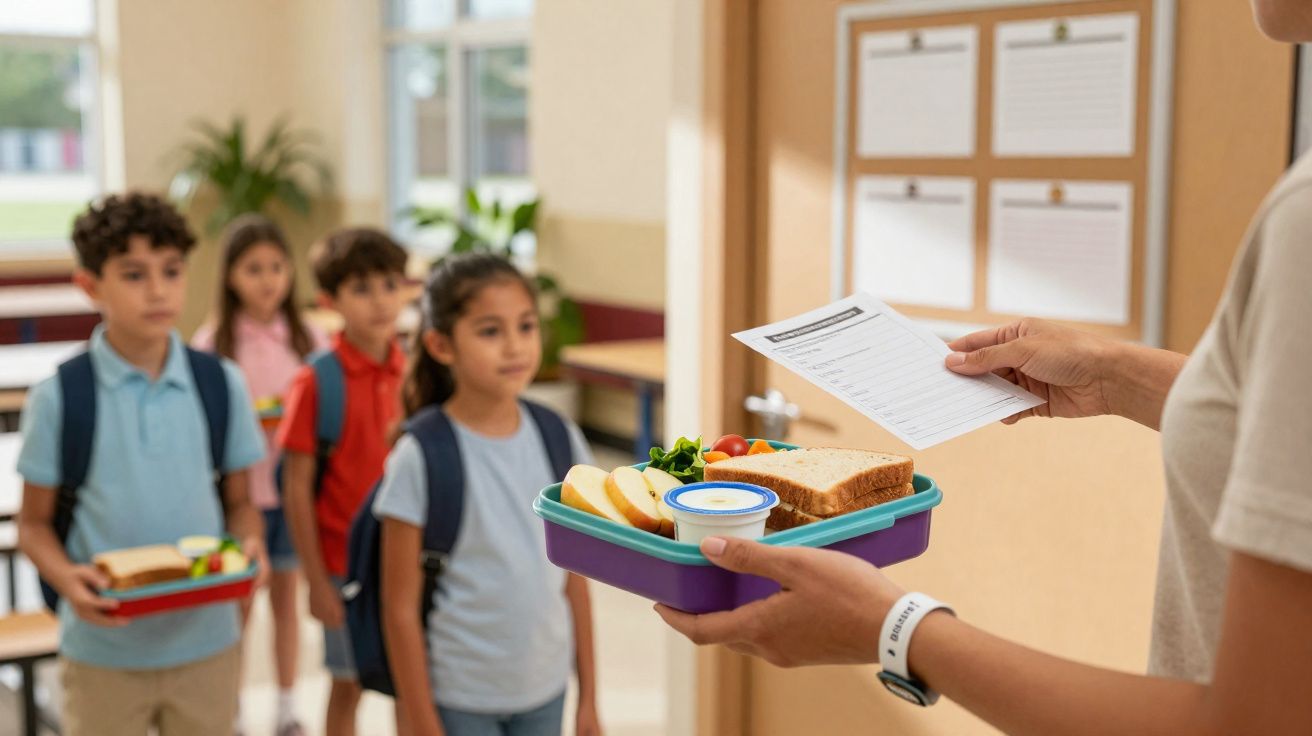 Crianças na fila da escola a receber refeições saudáveis numa lancheira por um adulto.