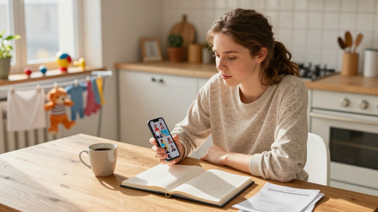 Mulher sentada à mesa a olhar para o telemóvel, com livro aberto e chávena de café numa cozinha iluminada.