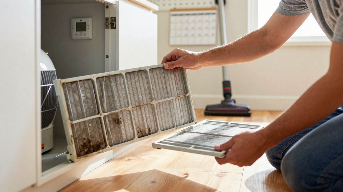 Pessoa a limpar filtros sujos de sistema de ventilação em armário doméstico.