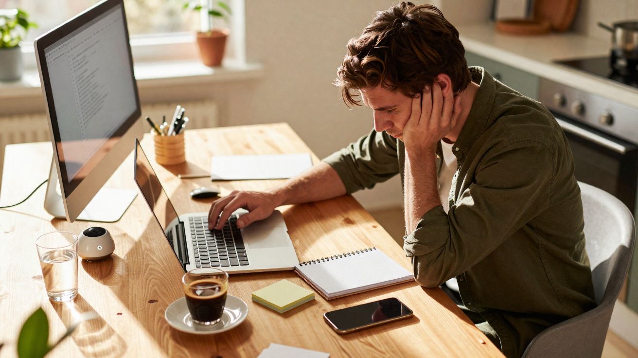 Homem sentado a trabalhar preocupado num computador portátil numa mesa de madeira com café e smartphone.
