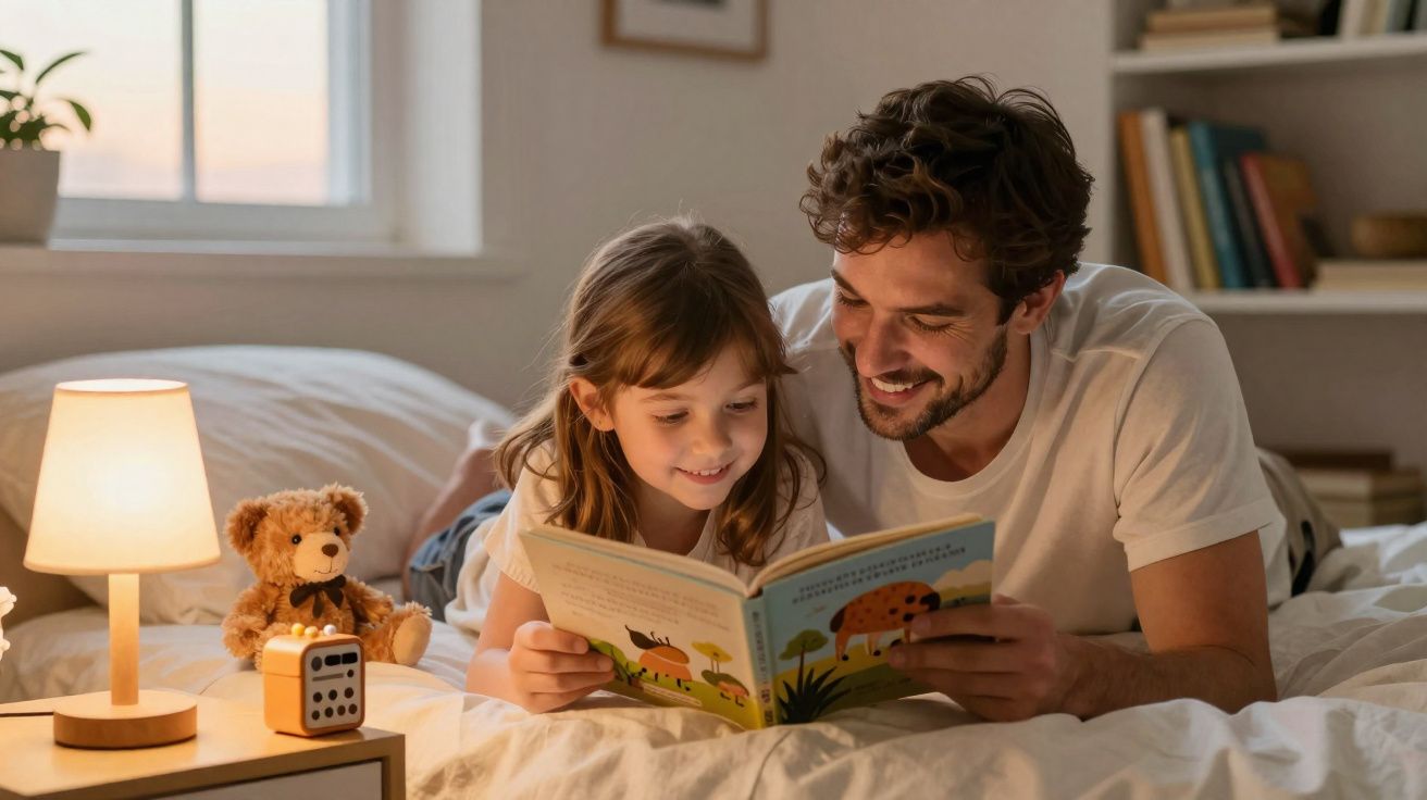 Pai e filha deitados na cama a ler um livro infantil juntos ao lado de uma mesa com candeeiro e ursinho de peluche.