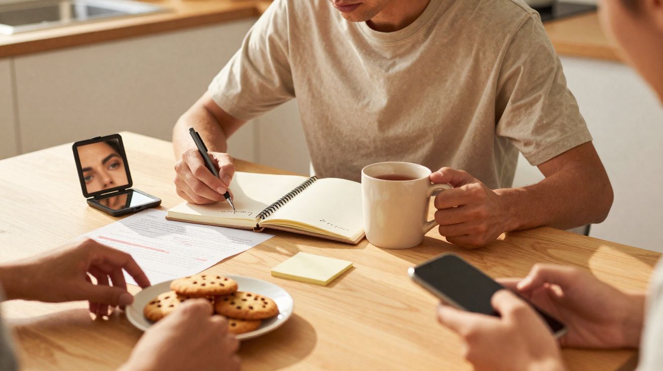 Pessoa a escrever num caderno com uma caneca na mão, outra a usar telemóvel, e um prato com bolachas na mesa.