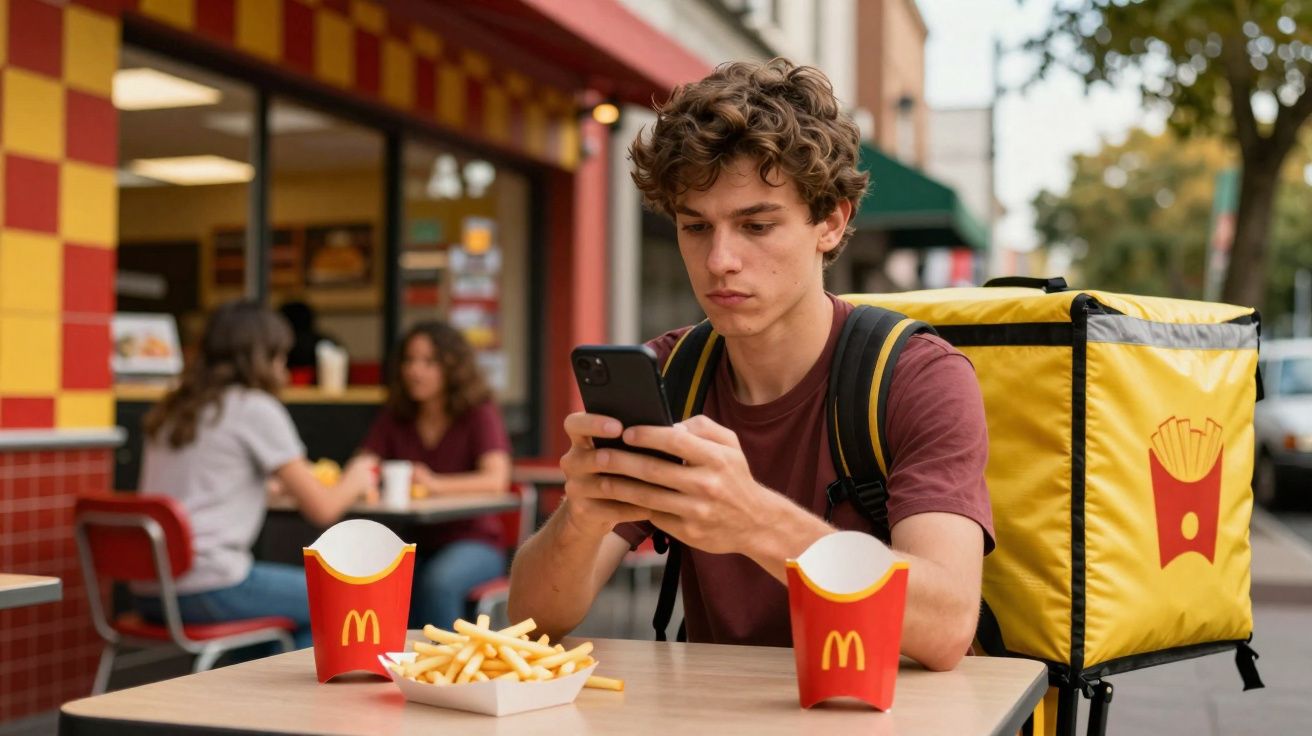 Jovem com mochila térmica amarela a usar telemóvel sentado numa esplanada com batatas fritas numa mesa.
