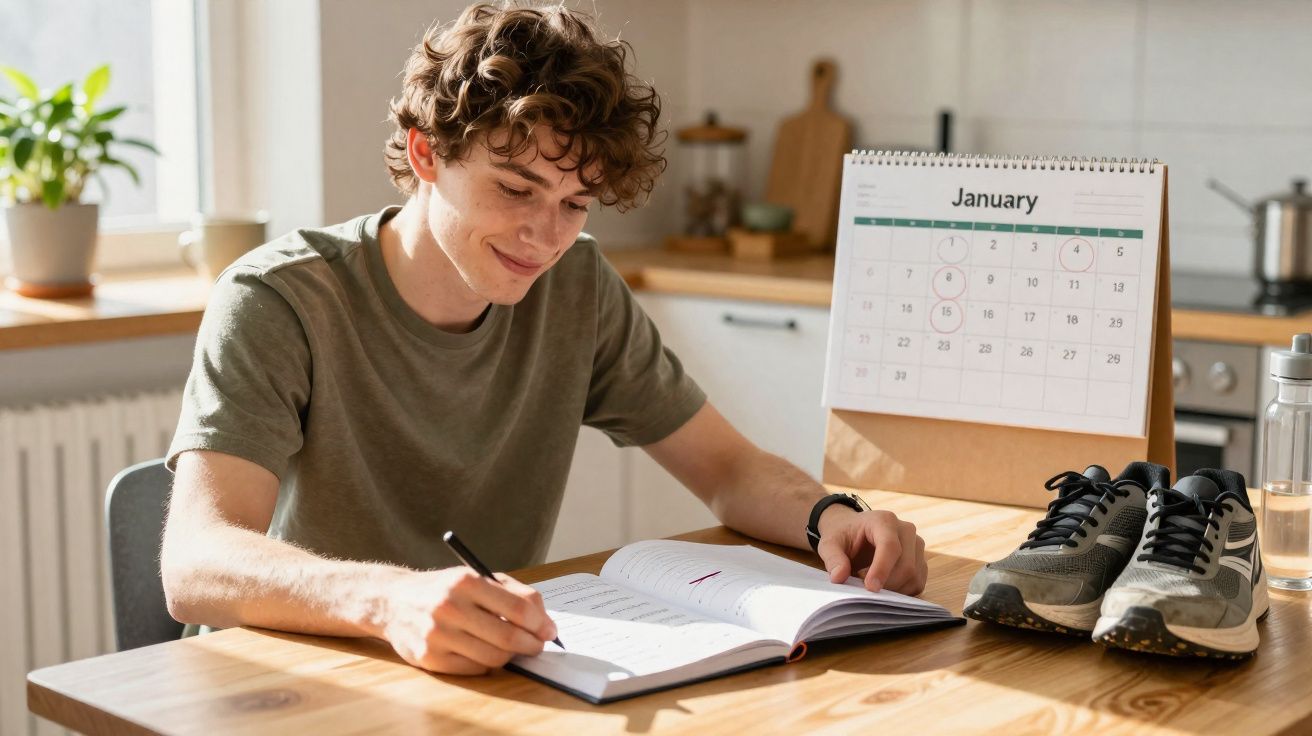 Jovem a estudar à mesa com calendário de janeiro e ténis perto, num ambiente iluminado e acolhedor.