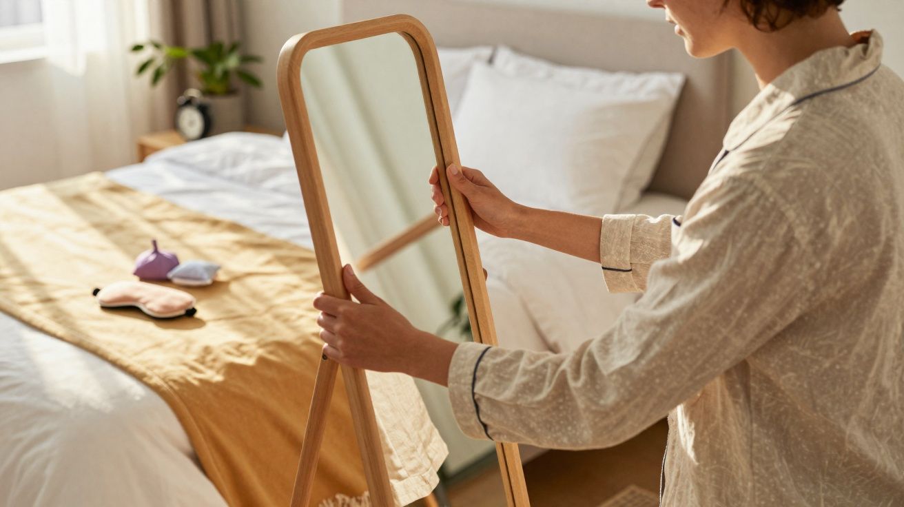 Pessoa em pijama ajusta espelho de corpo inteiro numa sala com cama e luz natural.