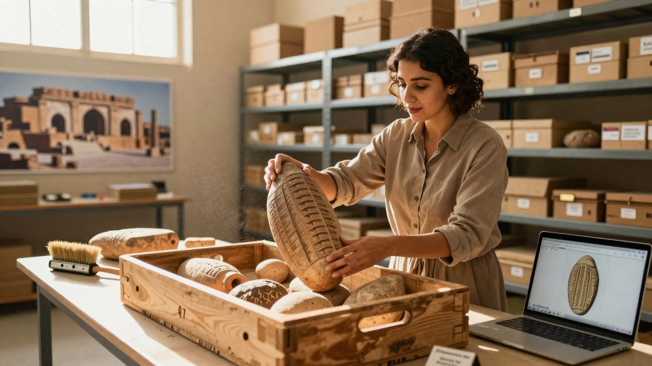 Mulher a examinar artefactos arqueológicos em caixa de madeira num laboratório com computador portátil.