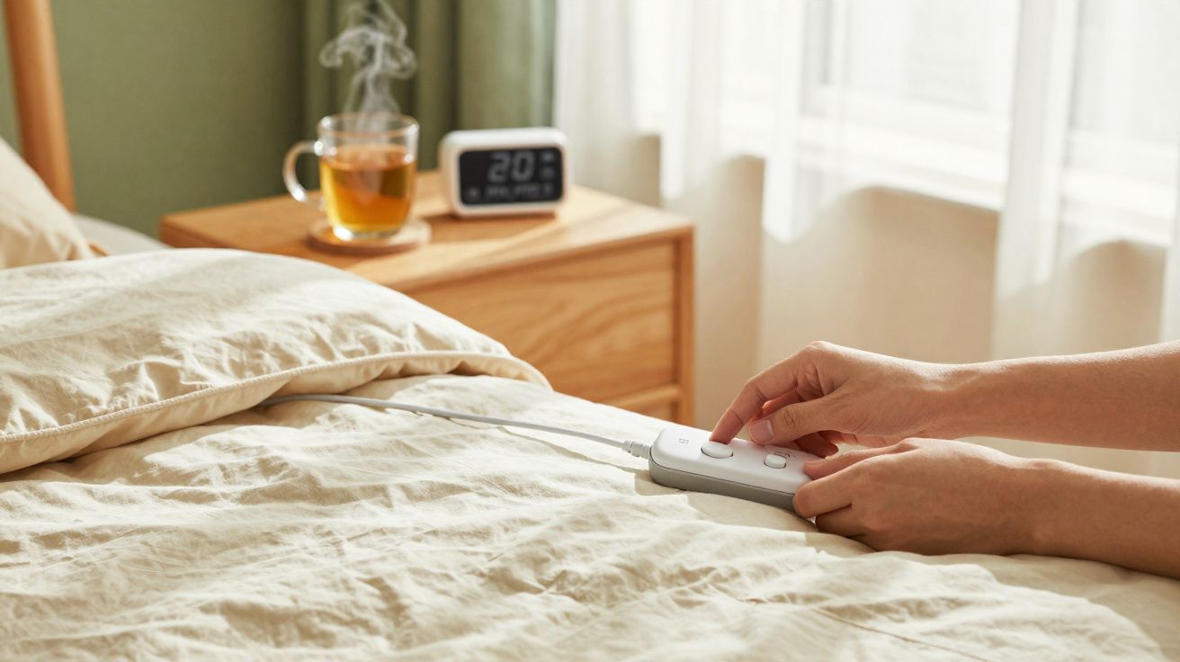 Mãos ajustam controlo remoto de aquecedor de cama junto a roupa de cama bege, mesa de cabeceira com chá e relógio digital.