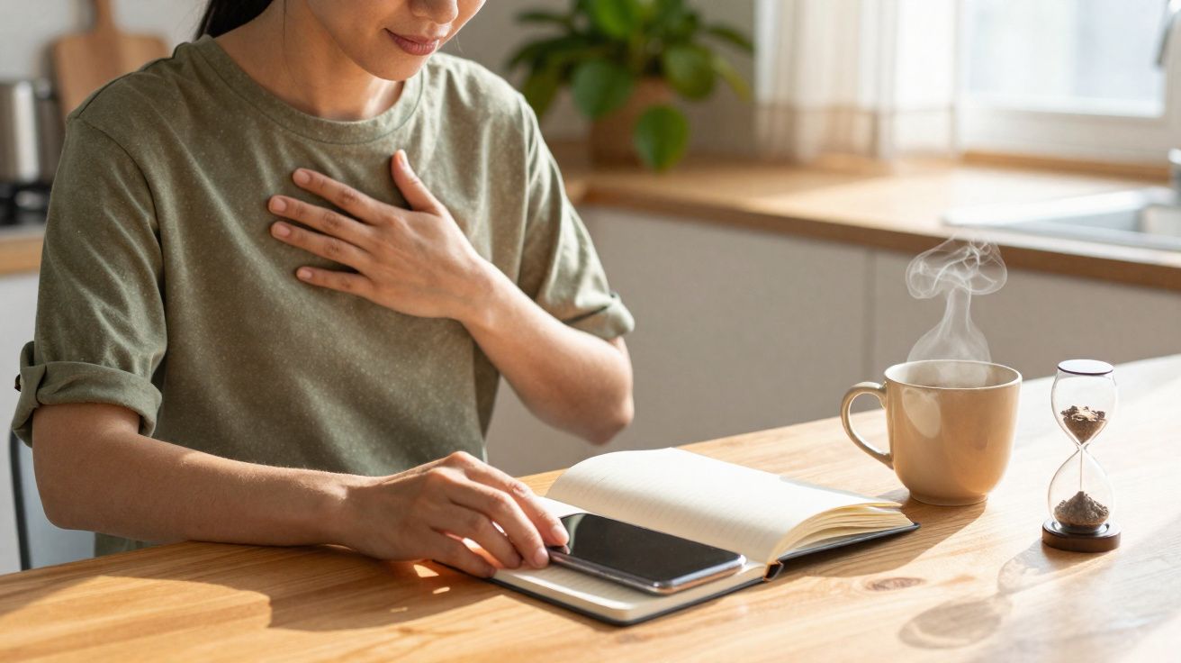Pessoa sentada à mesa com uma mão no peito, lendo um livro e perto de uma chávena de chá quente e uma ampulheta.