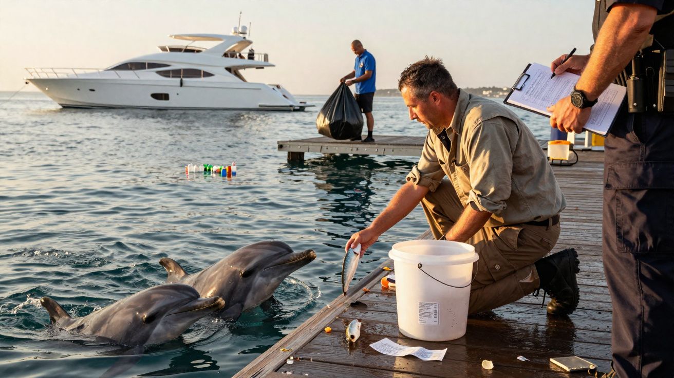 Homem alimenta golfinhos junto a cais enquanto outro observa com bloco de notas e iate está ao fundo no mar.