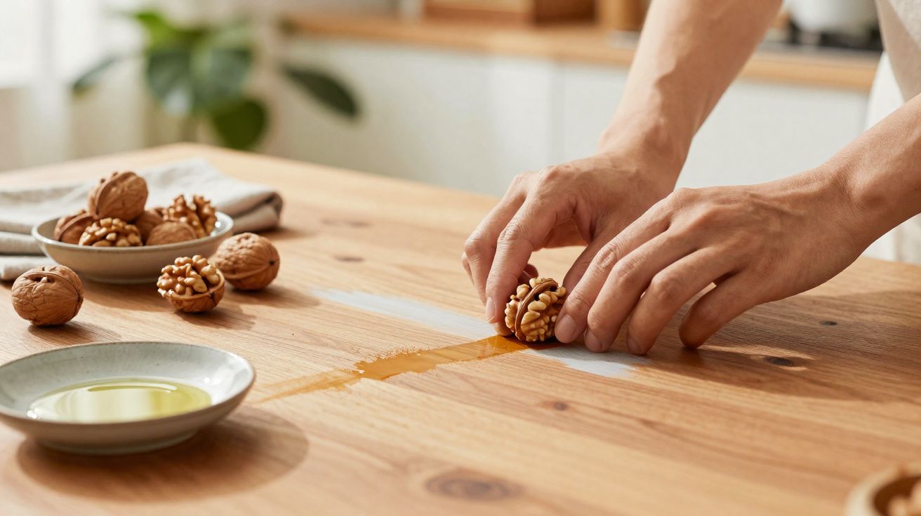 Mãos a abrir nozes numa mesa de madeira com um prato de azeite e um recipiente com nozes ao lado.