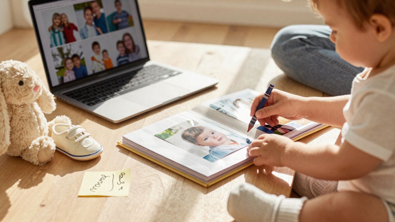 Criança desenha num álbum de fotos com laptop ao lado, mostrando várias fotos e ursinho de peluche.