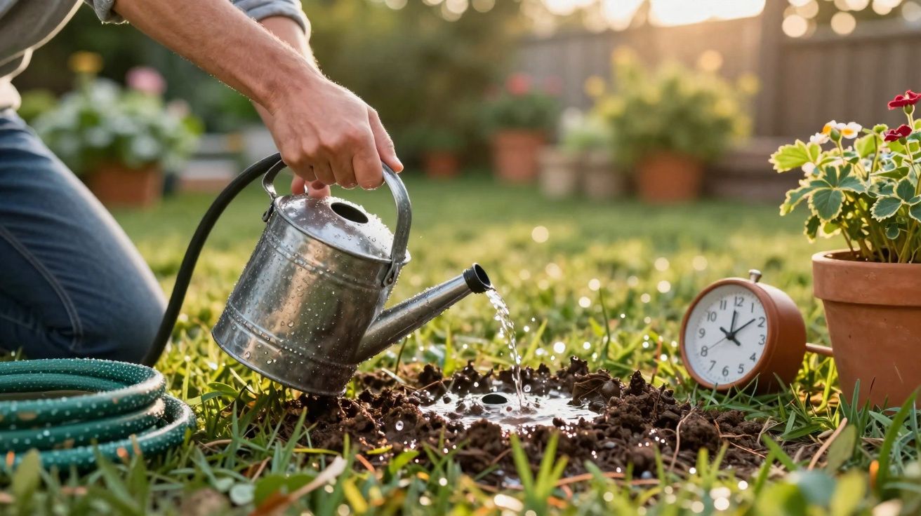 Pessoa a regar plantas no jardim ao pôr do sol com relógio despertador e vaso de flores próximos.