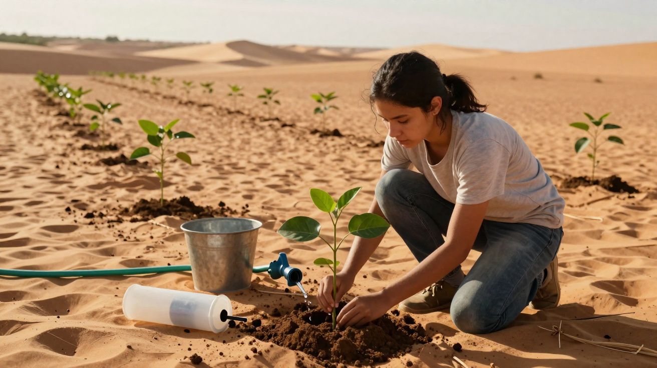 Mulher planta árvore jovem num deserto árido com regador e balde metálico ao lado.