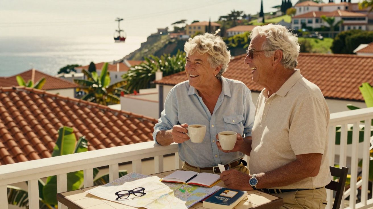 Casal sénior feliz a beber café na varanda com vista para telhados e o mar ao fundo.