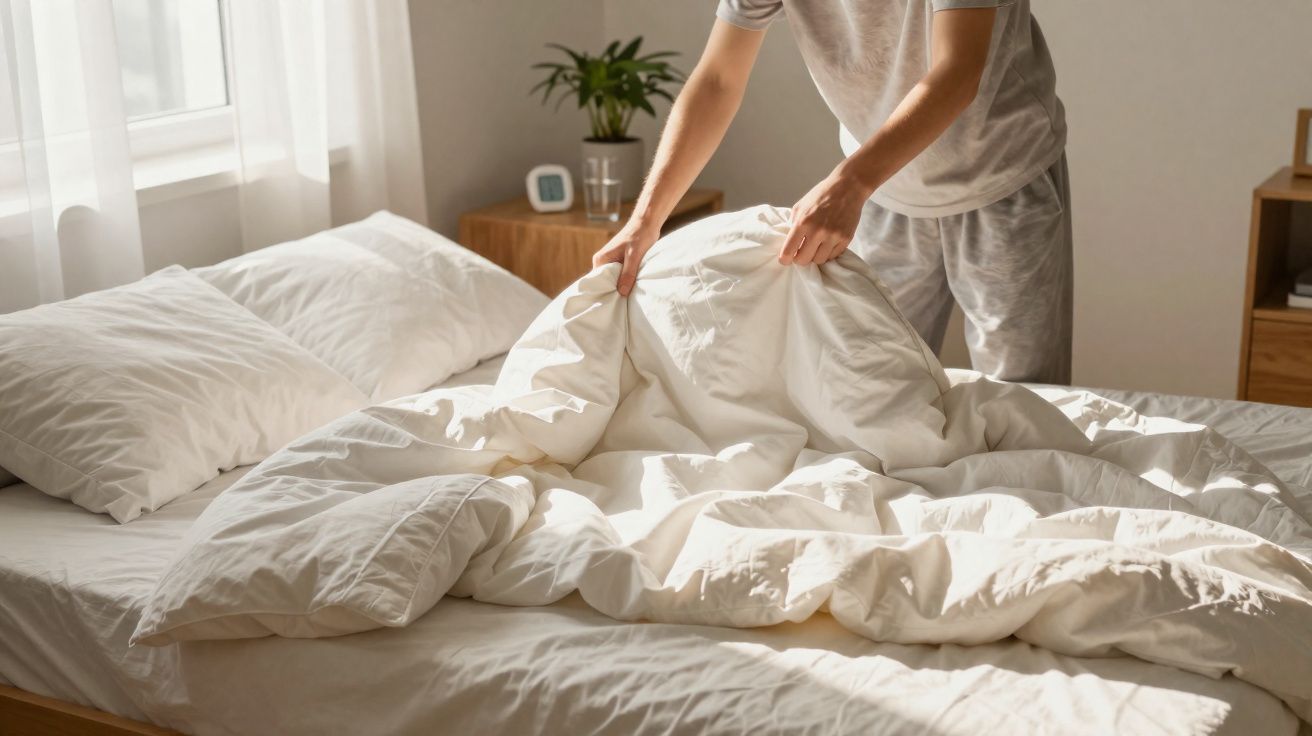 Pessoa a arrumar uma cama com roupa branca num quarto iluminado por luz natural.