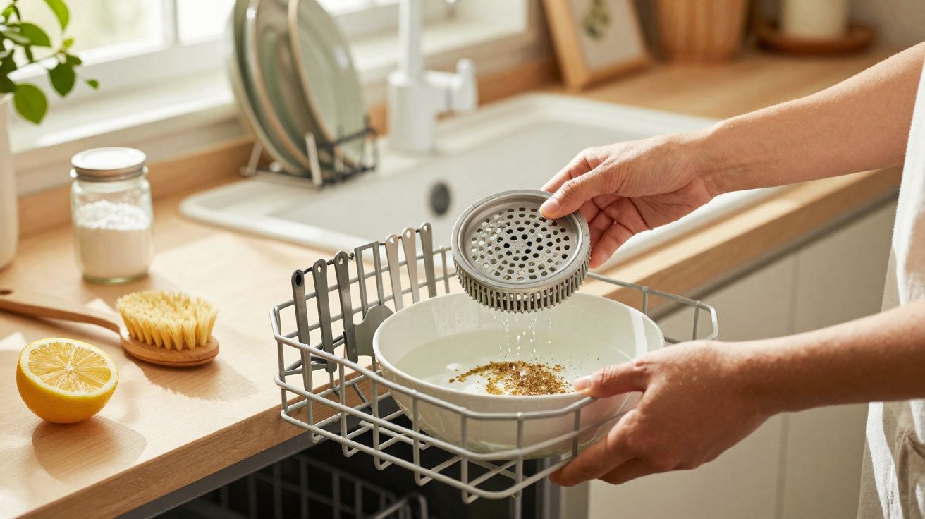 Pessoa a limpar um prato branco num escorredor de máquina de lavar loiça, com limão e escova na bancada.
