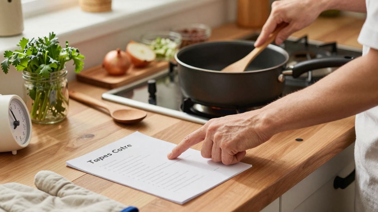Pessoa a seguir receita de tapas com panela a cozinhar no fogão e ervas frescas na bancada.