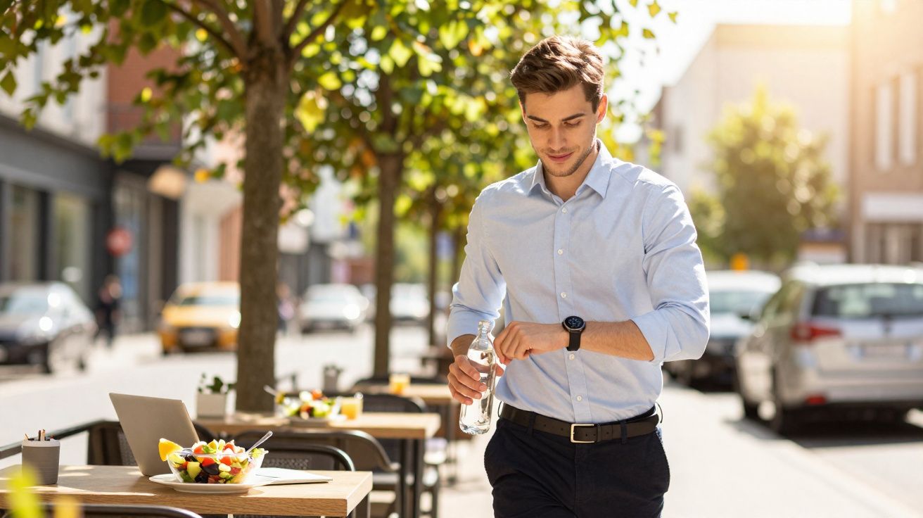 Homem de camisa azul verifica o relógio enquanto segura uma garrafa de água num café ao ar livre.
