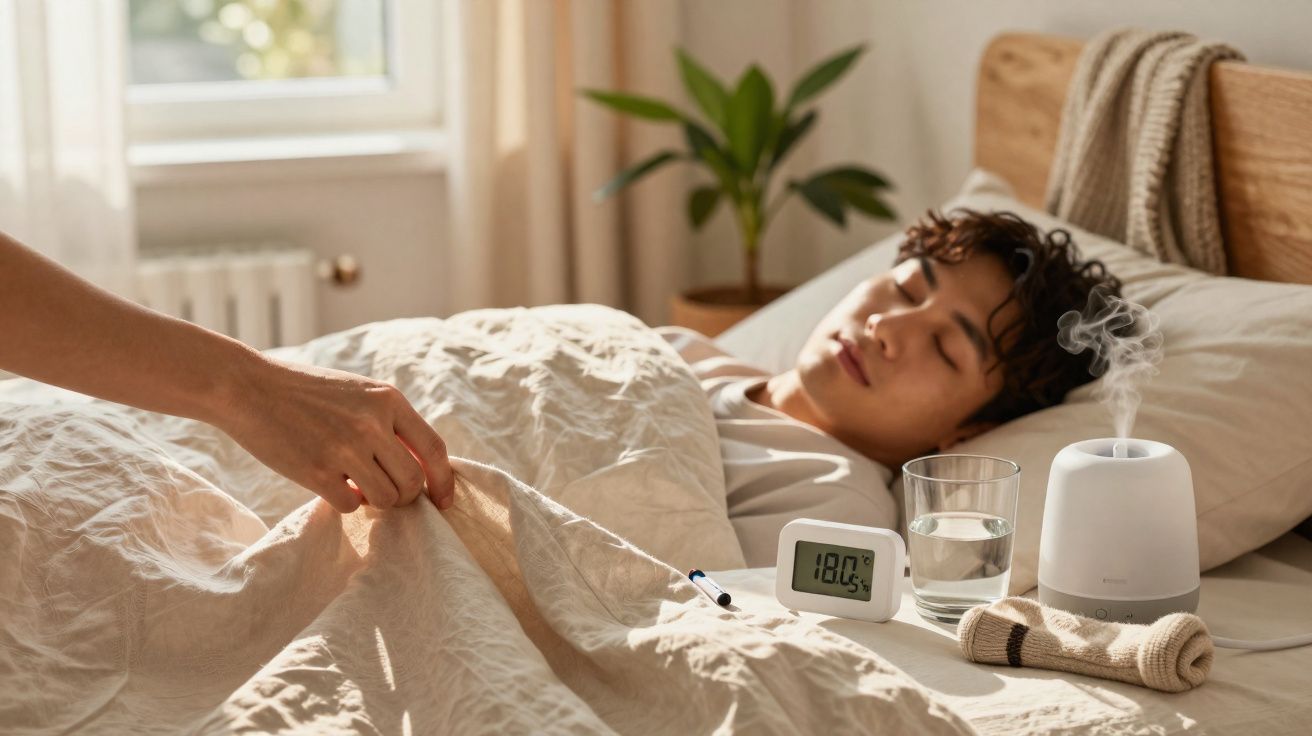 Pessoa a dormir numa cama com termómetro, humificador e copo de água na mesa de cabeceira.