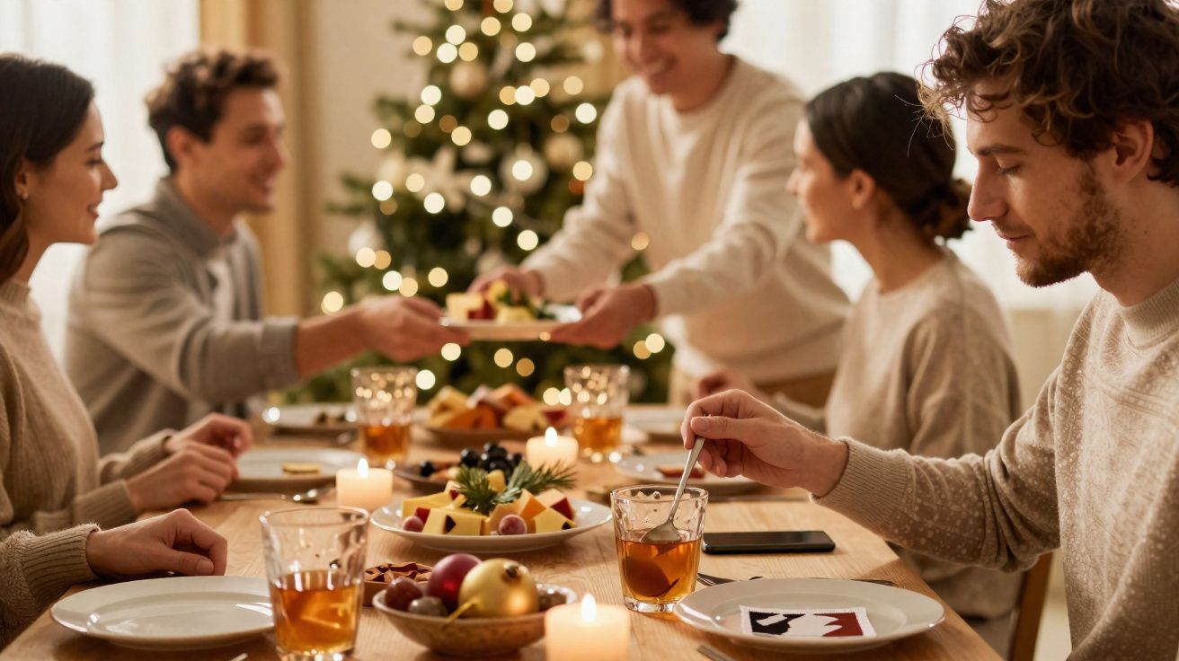 Grupo de cinco amigos a celebrar Natal ao redor de mesa com comida e luzes de árvore de Natal ao fundo.