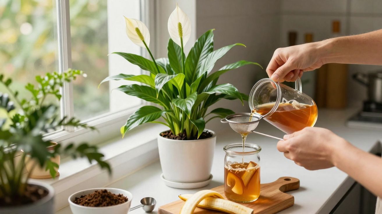 Pessoa a coar chá com rodelas de laranja junto a plantas numa bancada de cozinha iluminada por janela.