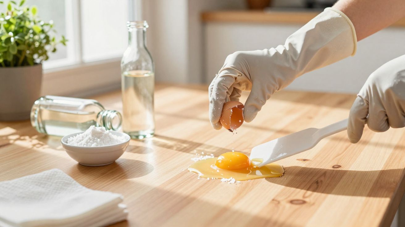 Mãos com luvas a partir uma gema de ovo sobre uma bancada de madeira, com sal e garrafas ao fundo.