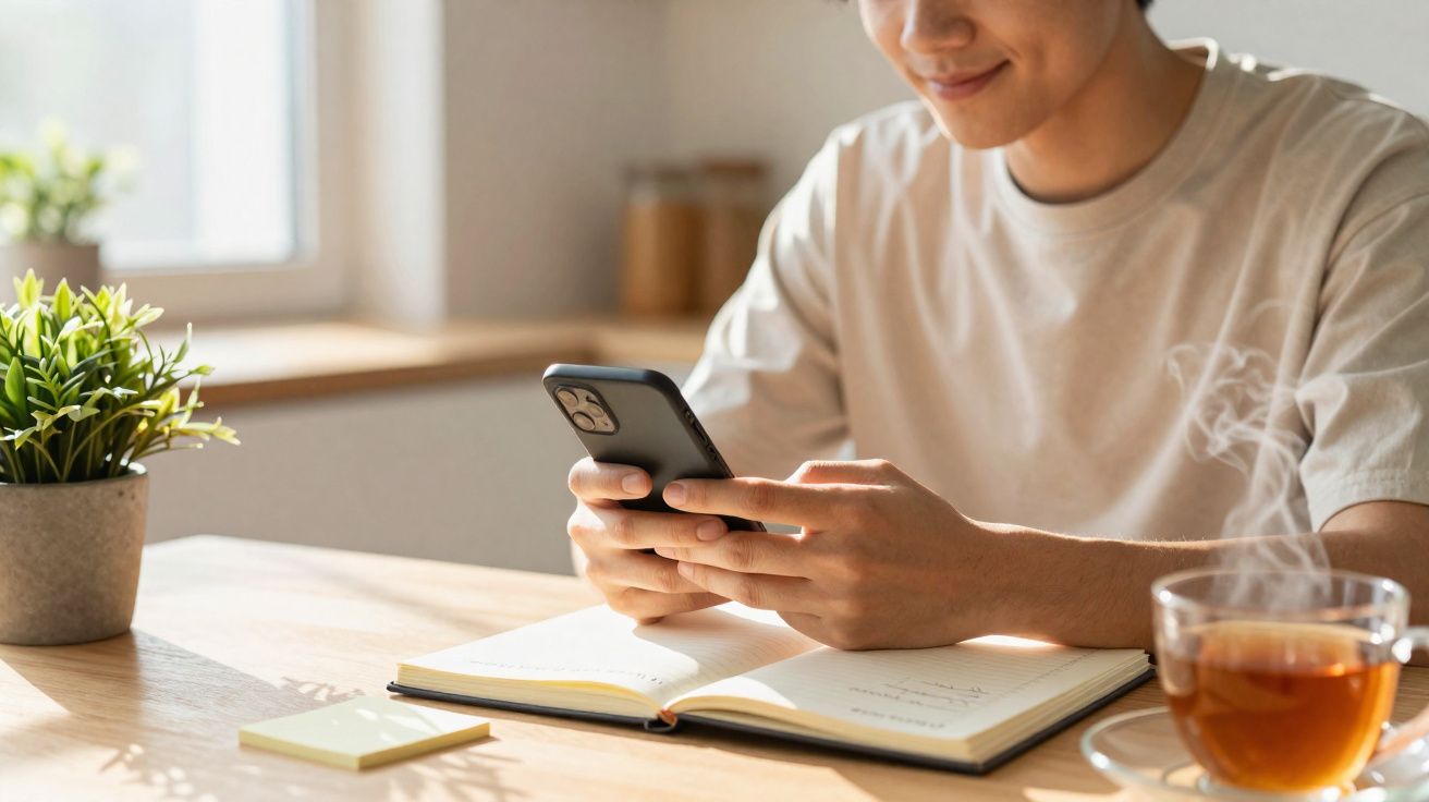 Pessoa sentada à mesa a olhar para o telemóvel, com caderno aberto e chá quente ao lado.