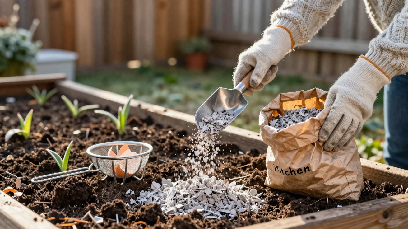 Pessoa a espalhar casca triturada de ovos no solo de uma horta com luvas e enxada pequena.