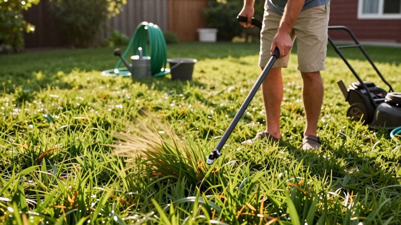 Homem a pulverizar plantas num jardim com relva verde num dia ensolarado.