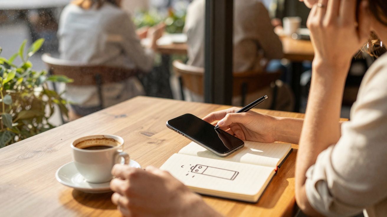Pessoa a desenhar num caderno enquanto segura um telemóvel e toma café numa mesa de madeira num café.