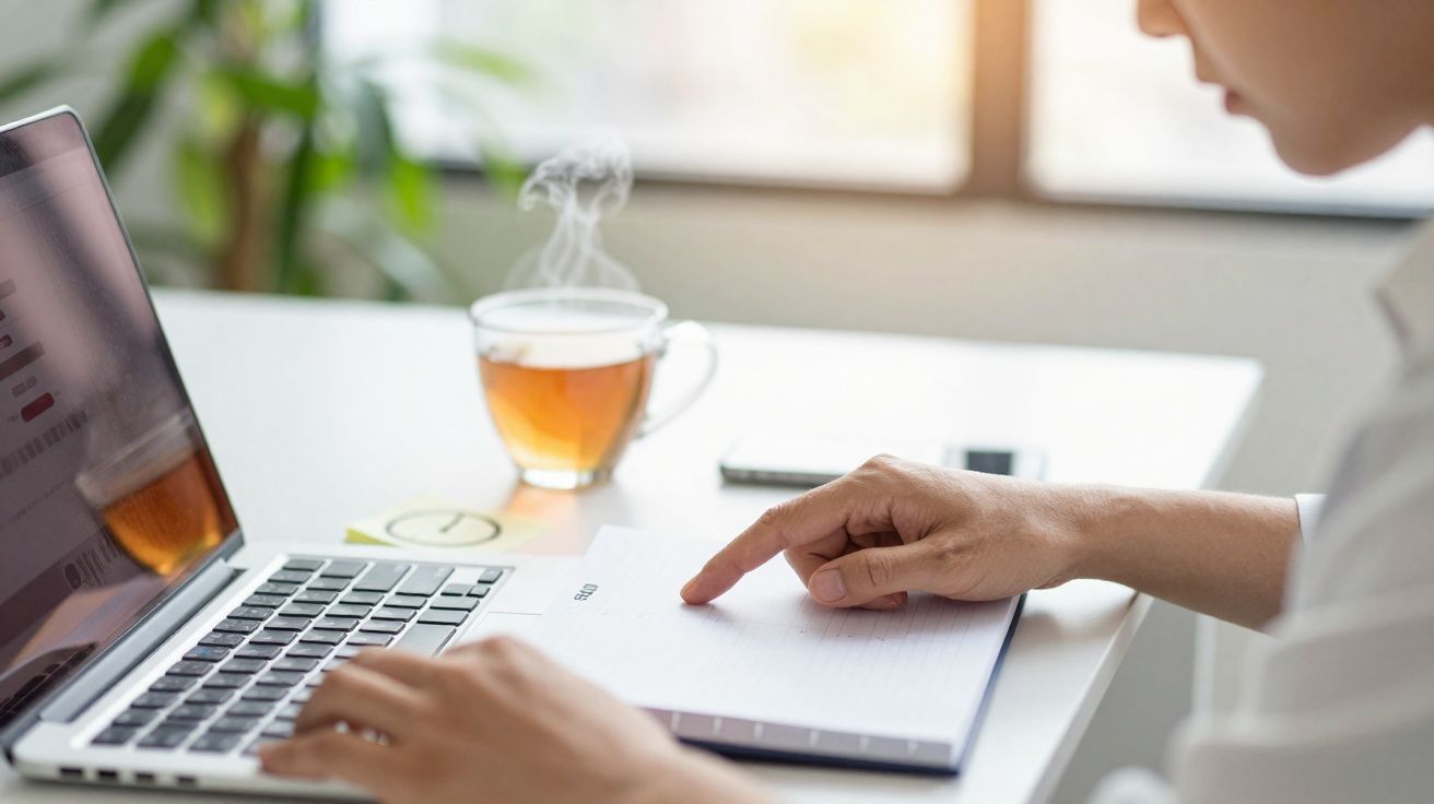 Pessoa a trabalhar num computador portátil com chá quente numa chávena ao lado na mesa.