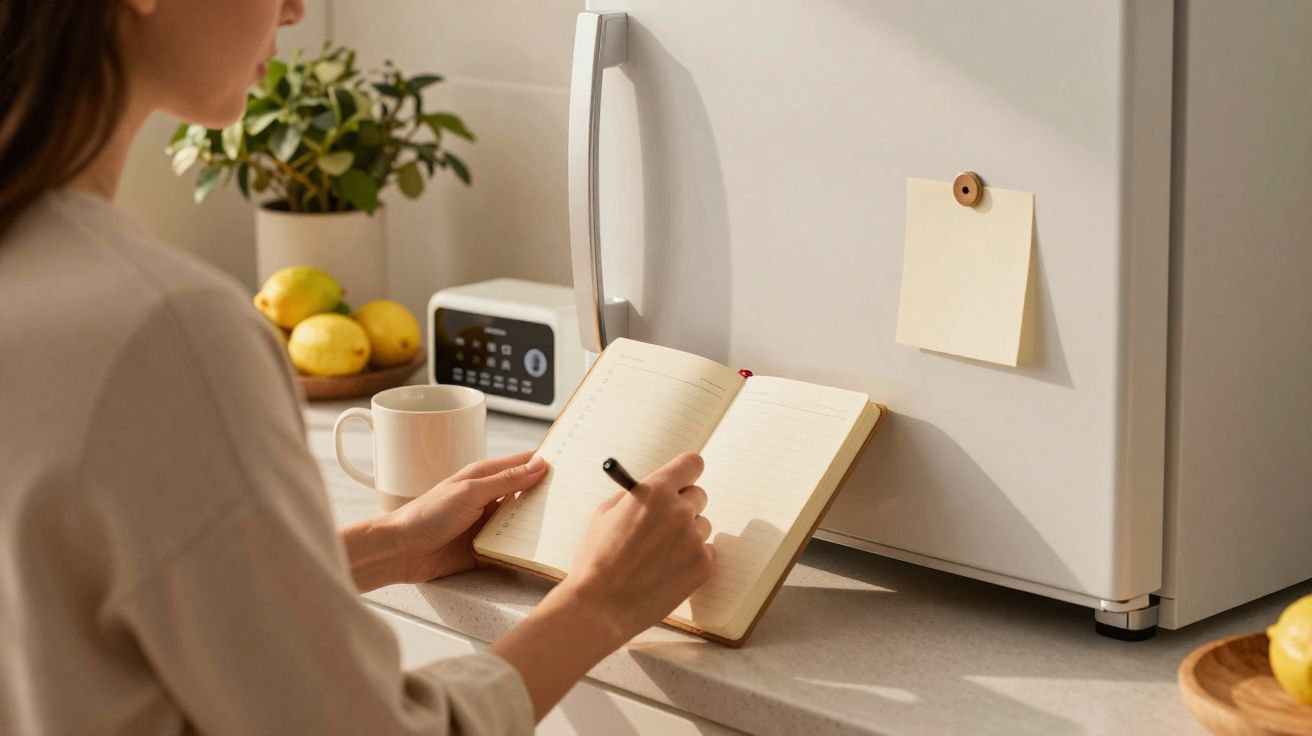 Pessoa a escrever numa agenda aberta na cozinha, com caneca, frutas e frigorífico ao fundo.