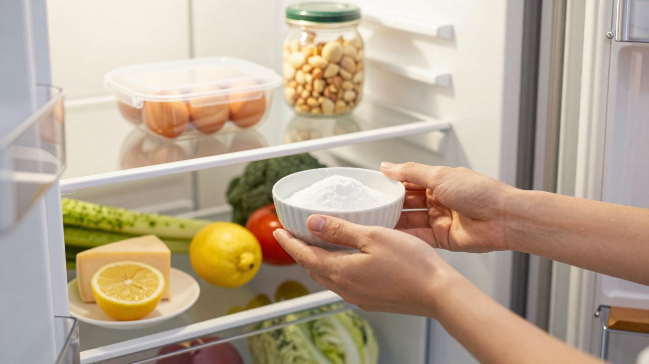 Mãos a colocar tigela com sal numa prateleira de frigorífico com alimentos frescos visíveis.