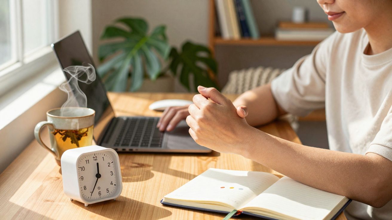 Pessoa a trabalhar num portátil junto a uma chávena de chá quente, relógio e caderno numa mesa de madeira.