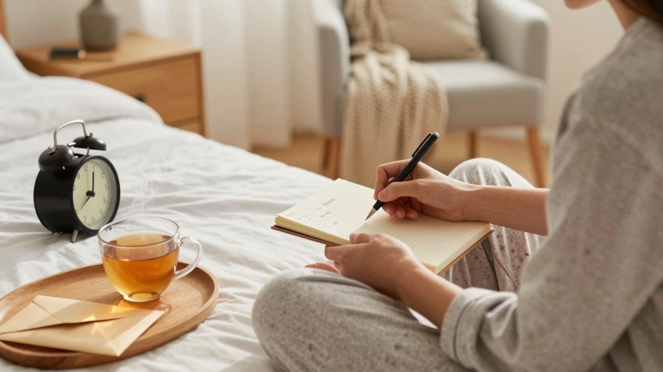 Pessoa sentada na cama a escrever num caderno, com chá, relógio e envelopes numa bandeja em madeira ao lado.