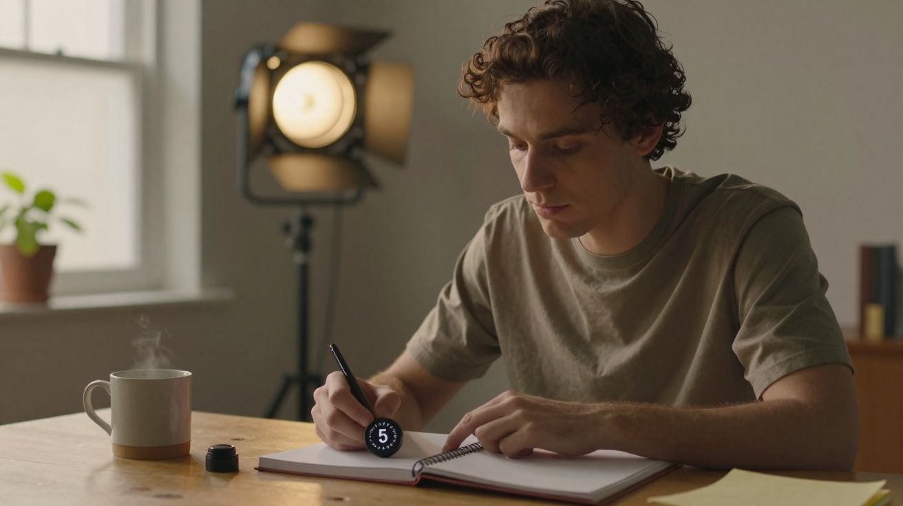 Jovem a escrever num caderno à mesa com caneca de chá fumegante e iluminação suave no fundo.