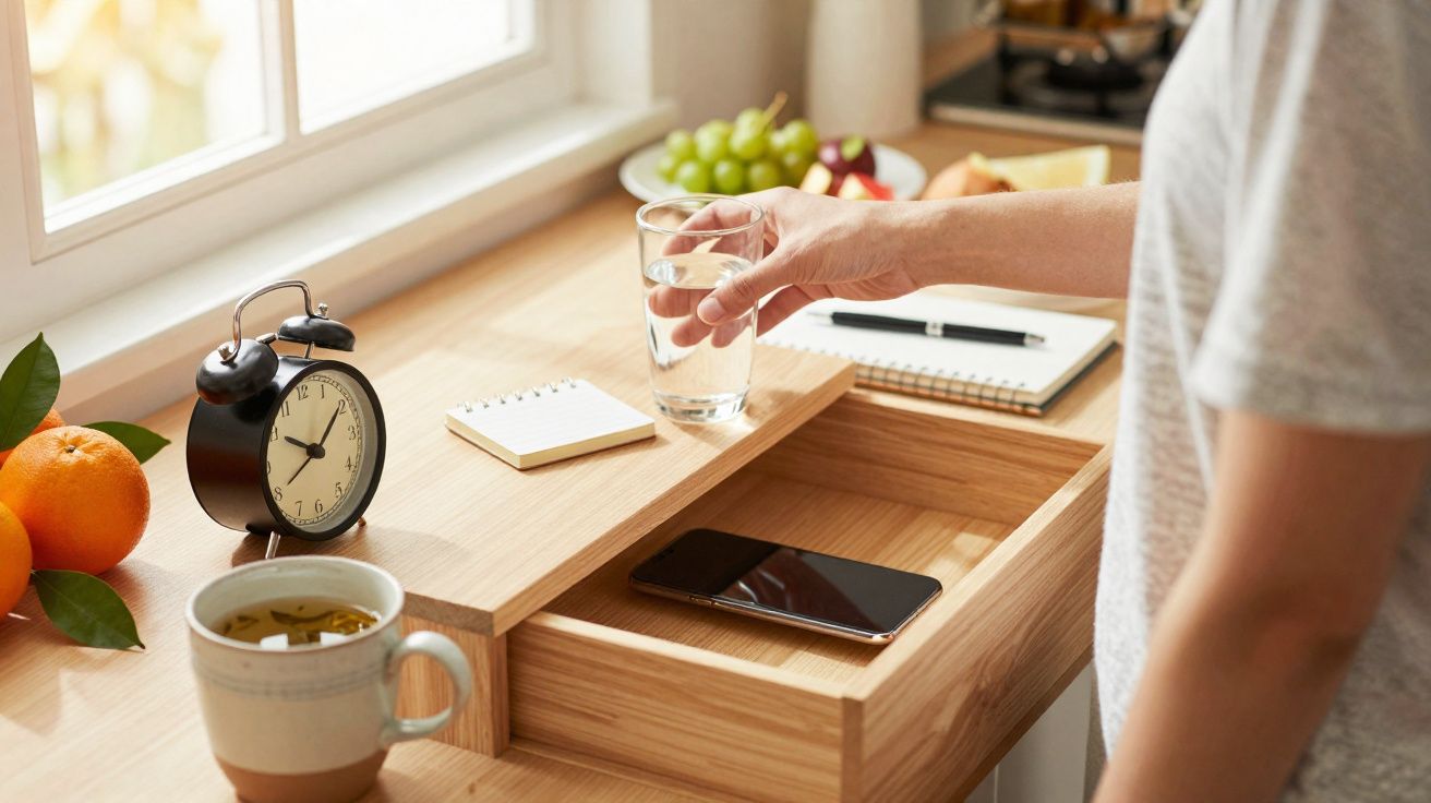 Pessoa a pegar um copo de água numa cozinha, com telemóvel, relógio, fruta e chá na bancada.