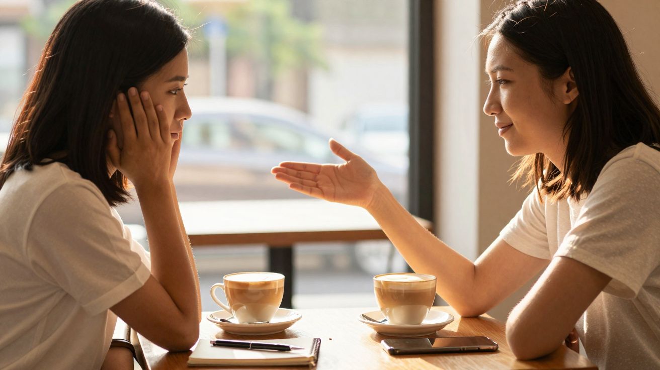 Duas mulheres sentadas a conversar numa cafetaria, com duas chávenas de café sobre a mesa.