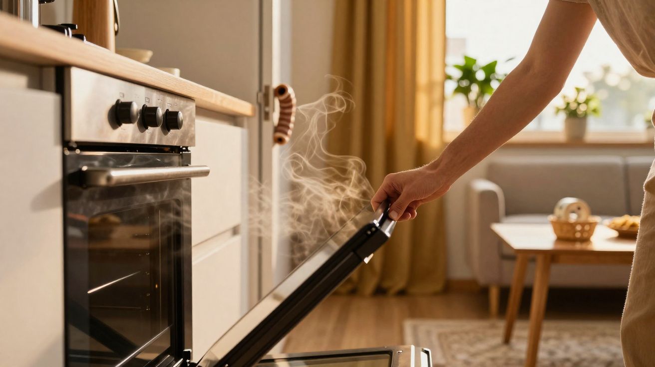 Pessoa a abrir forno quente com vapor a sair numa cozinha luminosa e acolhedora.