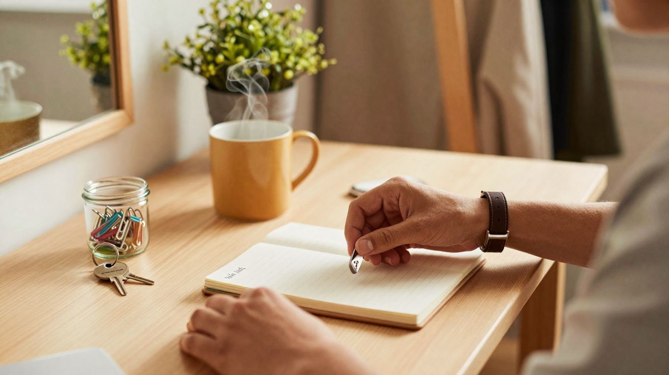 Mesa de madeira com caderno aberto, mão a escrever, chá quente e frasco com clips coloridos.