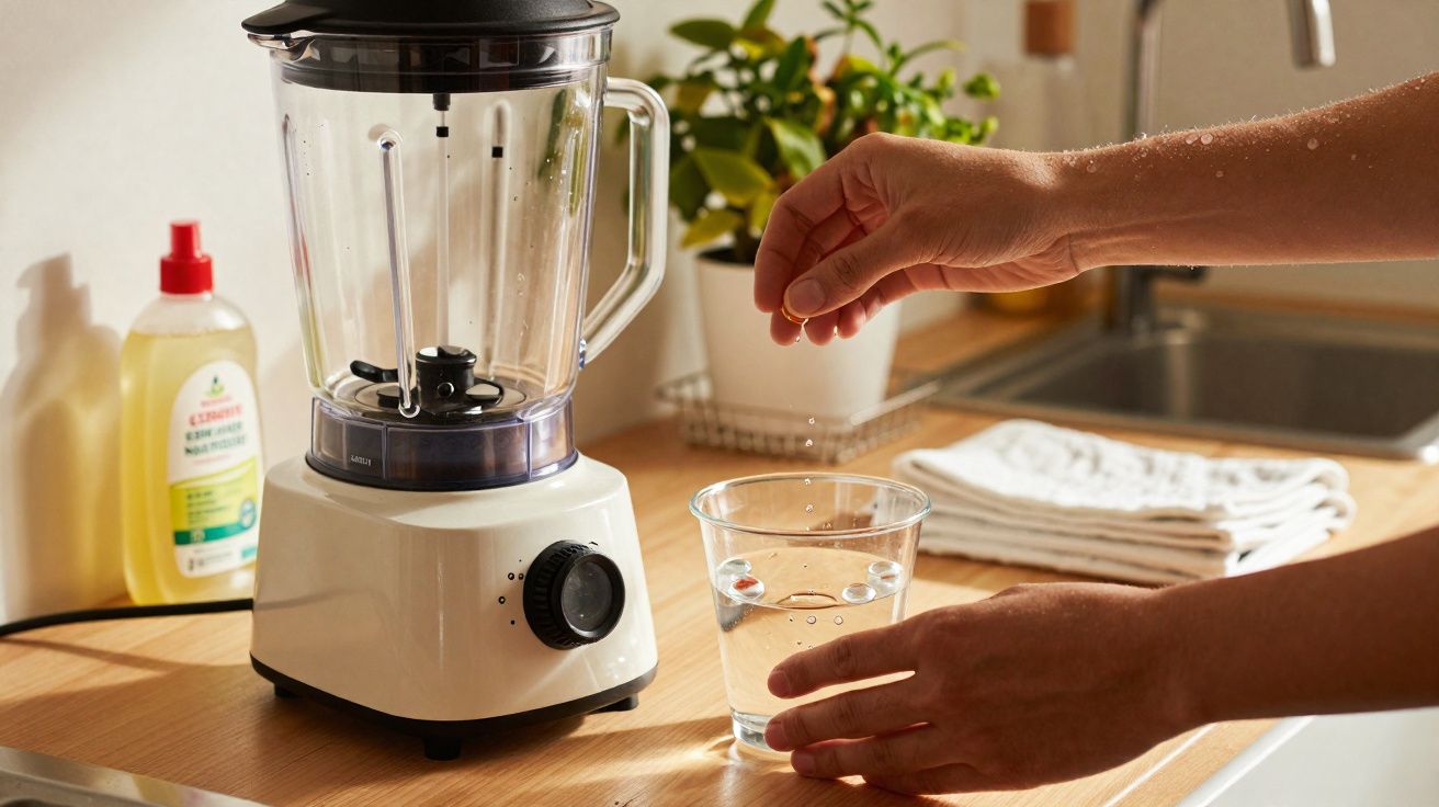 Mãos a colocar um comprimido num copo de água próximo a uma liquidificadora numa cozinha.