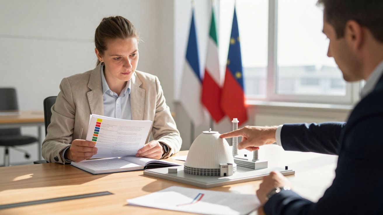 Duas pessoas em reunião de arquitetura analisam maquete de edifício numa sala com bandeiras ao fundo.