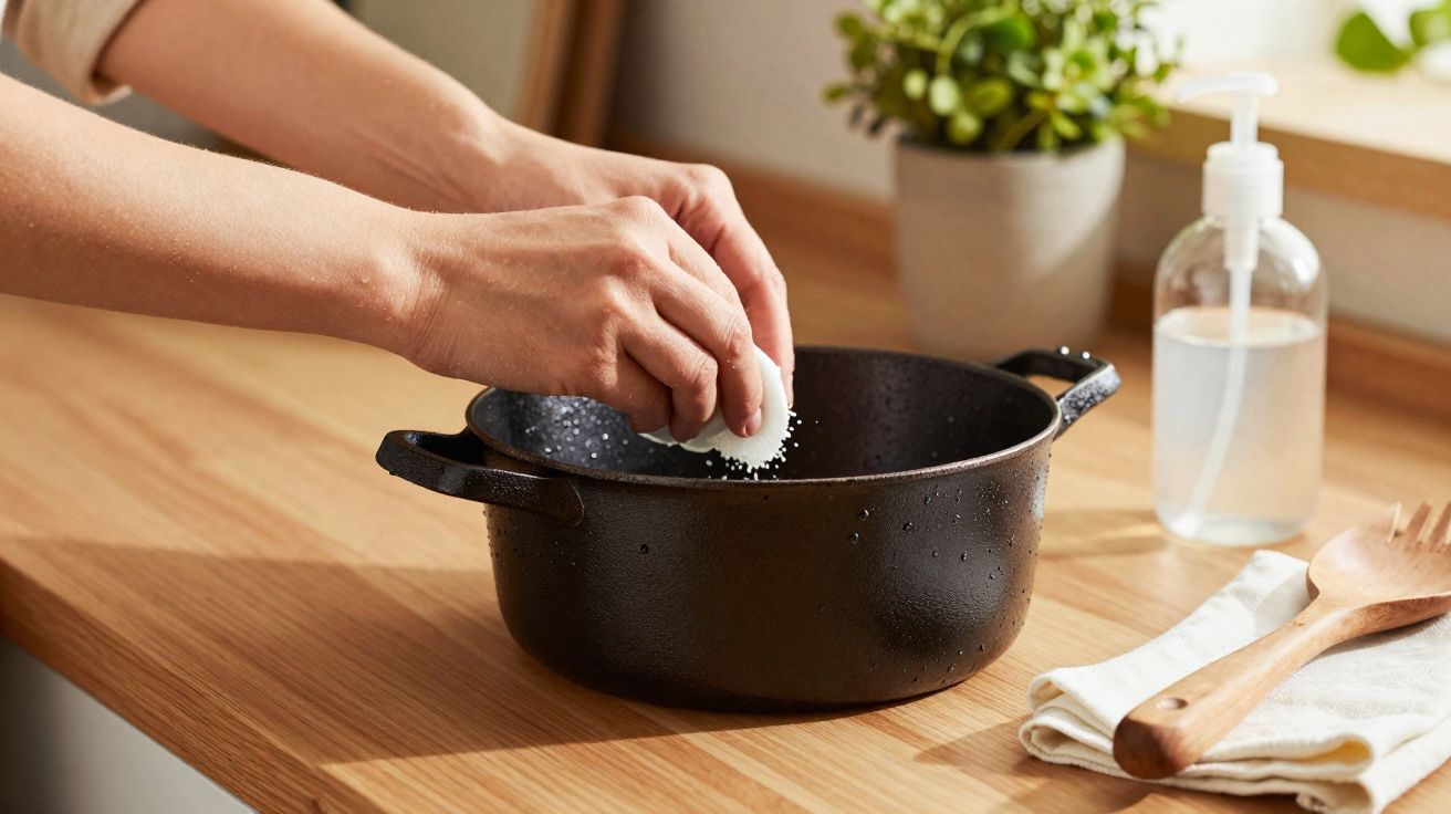 Mãos a limpar uma panela preta com uma esponja branca numa bancada de cozinha de madeira.